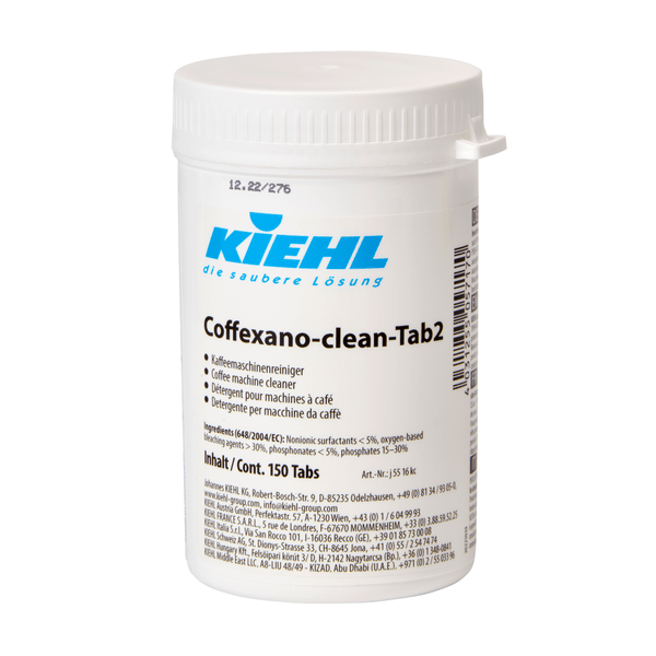 En hvid plastikbeholder fra Johannes Kiehl KG med teksten "Kiehl Coffexano-cleanTab2 Kaffemaskinerens" rummer 150 rengøringstabletter til kaffemaskiner og indeholder beskrivelser på tysk, engelsk og fransk med et skruelåg.