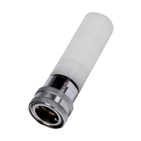 En nærbillede af en metal- og hvid plastadapter fra Johannes Kiehl KG fra Kiehl skumdyse til LW FOC spraydyse (1 stk.), isoleret på hvid baggrund.