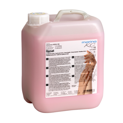 I en lyserød 5-liters plastikbeholder med hvidt låg, der er mærket på flere sprog, findes Kiehl Opysat håndvasklotion fra Johannes Kiehl KG, en pH-neutral sæbe til skånsom håndvask.