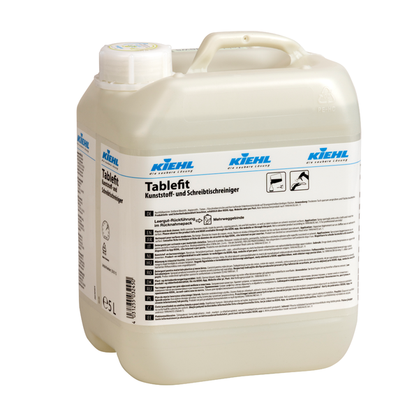 En hvid 5-liters plastbeholder af Kiehl Tablefit plastik- og skrivebordsrenser fra Johannes Kiehl KG med et skruelåg og en stor produktetiket med tysk tekst og forskellige symboler.