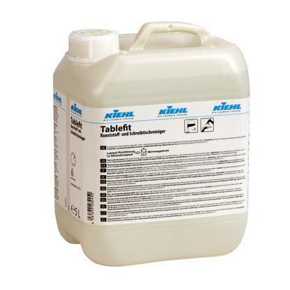 En hvid 5-liters plastbeholder af Kiehl Tablefit plastik- og skrivebordsrenser fra Johannes Kiehl KG med et skruelåg og en stor produktetiket med tysk tekst og forskellige symboler.