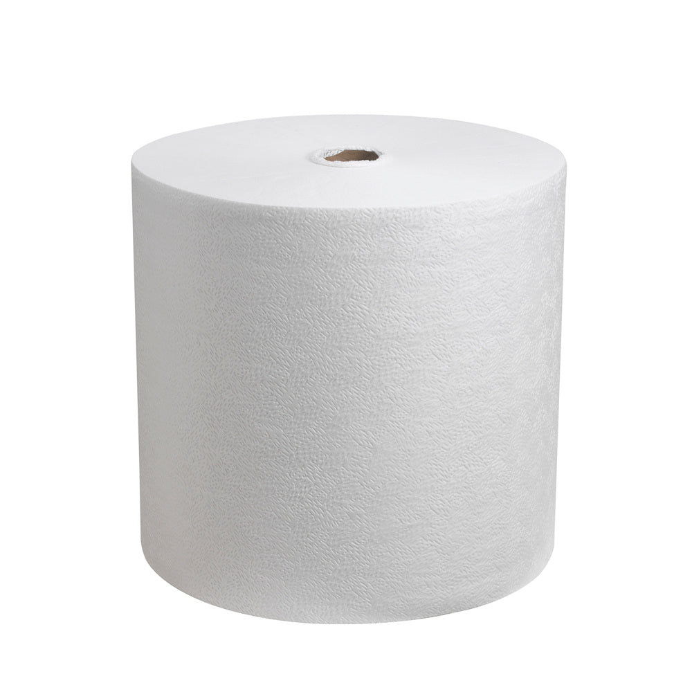 En Kimtech® Pure tørreklude stor rulle (600 klude, hvid) fra Kimberly-Clark GmbH står oprejst på en hvid baggrund; de fnugfri, strukturerede klude er pænt viklet omkring en papkerne med synlig åbning.