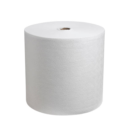 En Kimtech® Pure tørreklude stor rulle (600 klude, hvid) fra Kimberly-Clark GmbH står oprejst på en hvid baggrund; de fnugfri, strukturerede klude er pænt viklet omkring en papkerne med synlig åbning.
