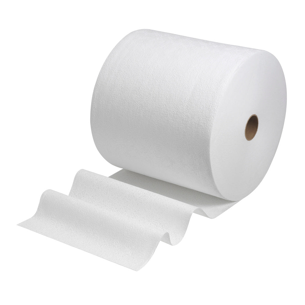 En stor rulle hvide Kimtech® Pure tørreklude fra Kimberly-Clark GmbH (1 rulle x 600 ark) er afbildet med nogle udrullede ark foran en enkel hvid baggrund.