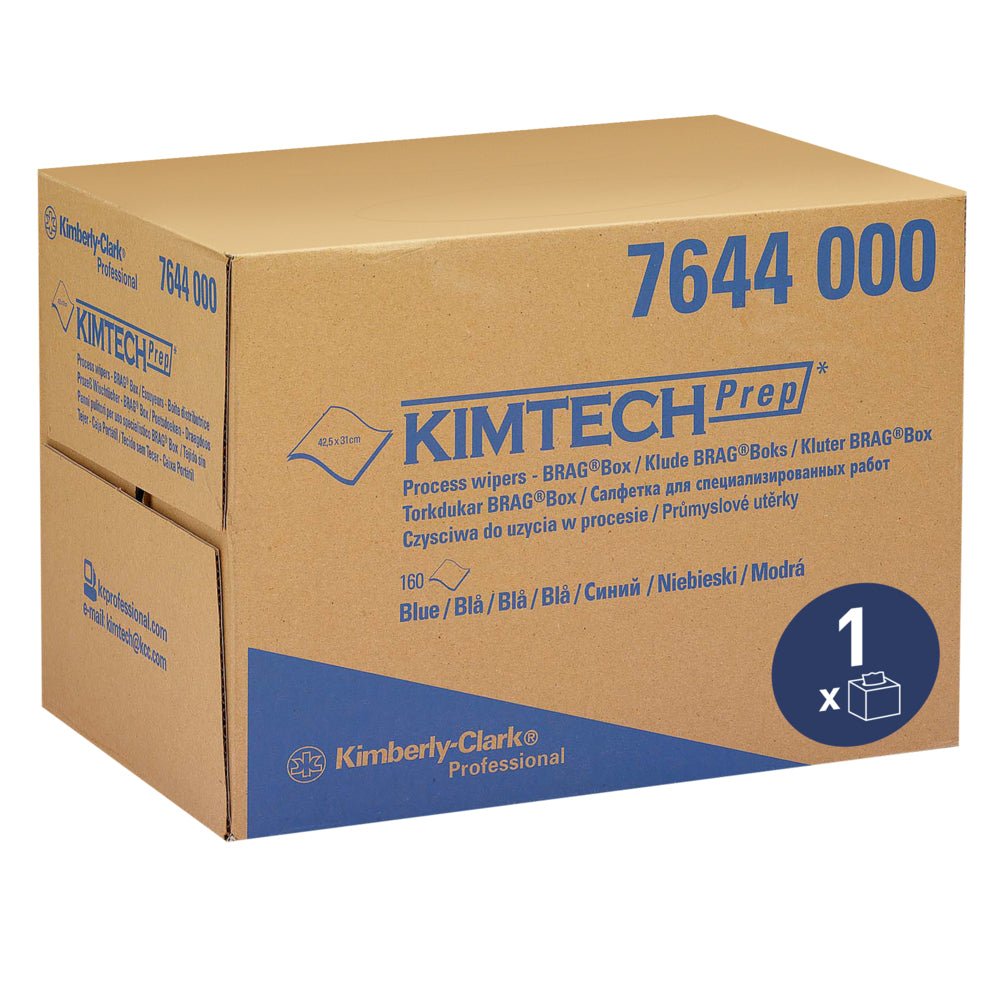 En brun kasse fra Kimberly-Clark GmbH med teksten "Kimtech® procesrenseservietter - BRAG™ boks / Blå" indeholder 160 blå servietter til industriel rengøring, med produktinformationer på forskellige sprog på kartonen.