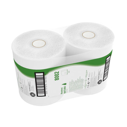 En kasse indeholder seks Jumbo-ruller Hostess™ NATURA toiletpapir (hver 525 m, hvid) fra Kimberly-Clark GmbH, hver pakket i plastik med en grøn-hvid etiket med produktinfo og stregkode.