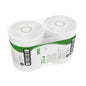 En kasse indeholder seks Jumbo-ruller Hostess™ NATURA toiletpapir (hver 525 m, hvid) fra Kimberly-Clark GmbH, hver pakket i plastik med en grøn-hvid etiket med produktinfo og stregkode.