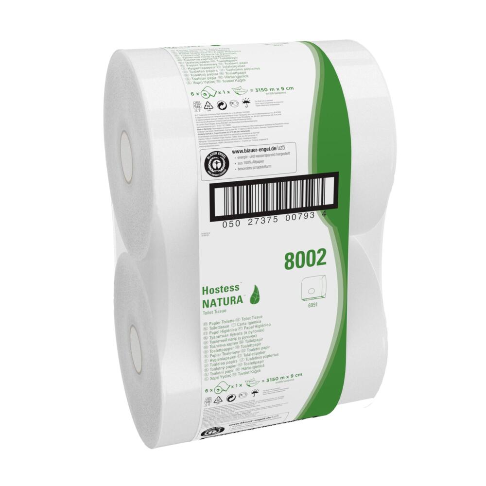 En pakke med 6 hvide Hostess™ NATURA Jumbo toiletpapirruller (hver 525 m) fra Kimberly-Clark GmbH, pakket i klar plastik med grøn og sort print, med produktinformationer og stregkode på emballagen.