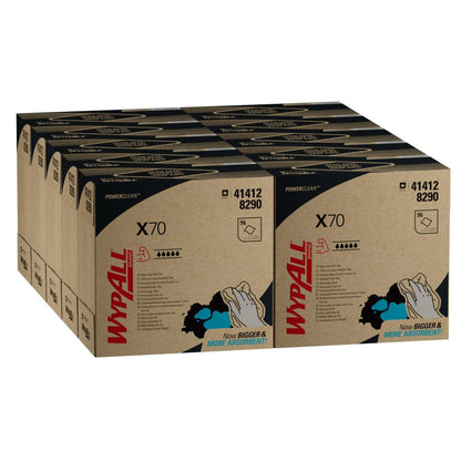 En stabel af Kimberly-Clark GmbH WypAll® X70 PowerClean - Zupfbox / Blå kasser (10 x 100 ark pr. kasse), mærket som professionelle rengøringsklude, med røde og blå accenter og produktinformationer på panelerne, arrangeret i tre rækker.