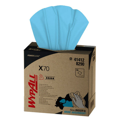 En kasse med 10 æsker WypAll® X70 PowerClean Zupfbox, blå, hver med 100 ark, fra Kimberly-Clark GmbH. Kassen viser branding og detaljer - perfekt til professionelle rengøringsbehov.