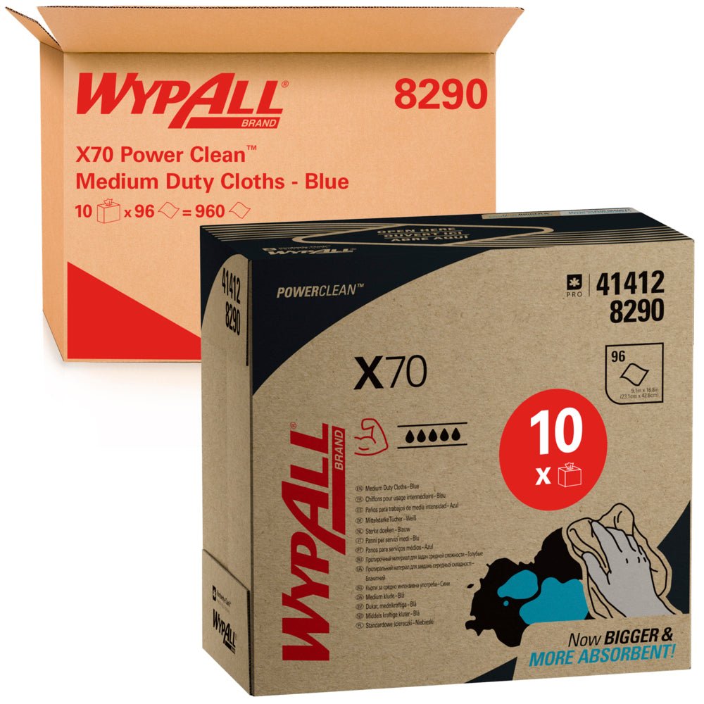 To WypAll® X70 PowerClean Zupfboxe (Kimberly-Clark GmbH), en åben og en lukket, viser tydeligt produktnavnet, mængden af 10 x 100 ark og branding på deres blå emballage.