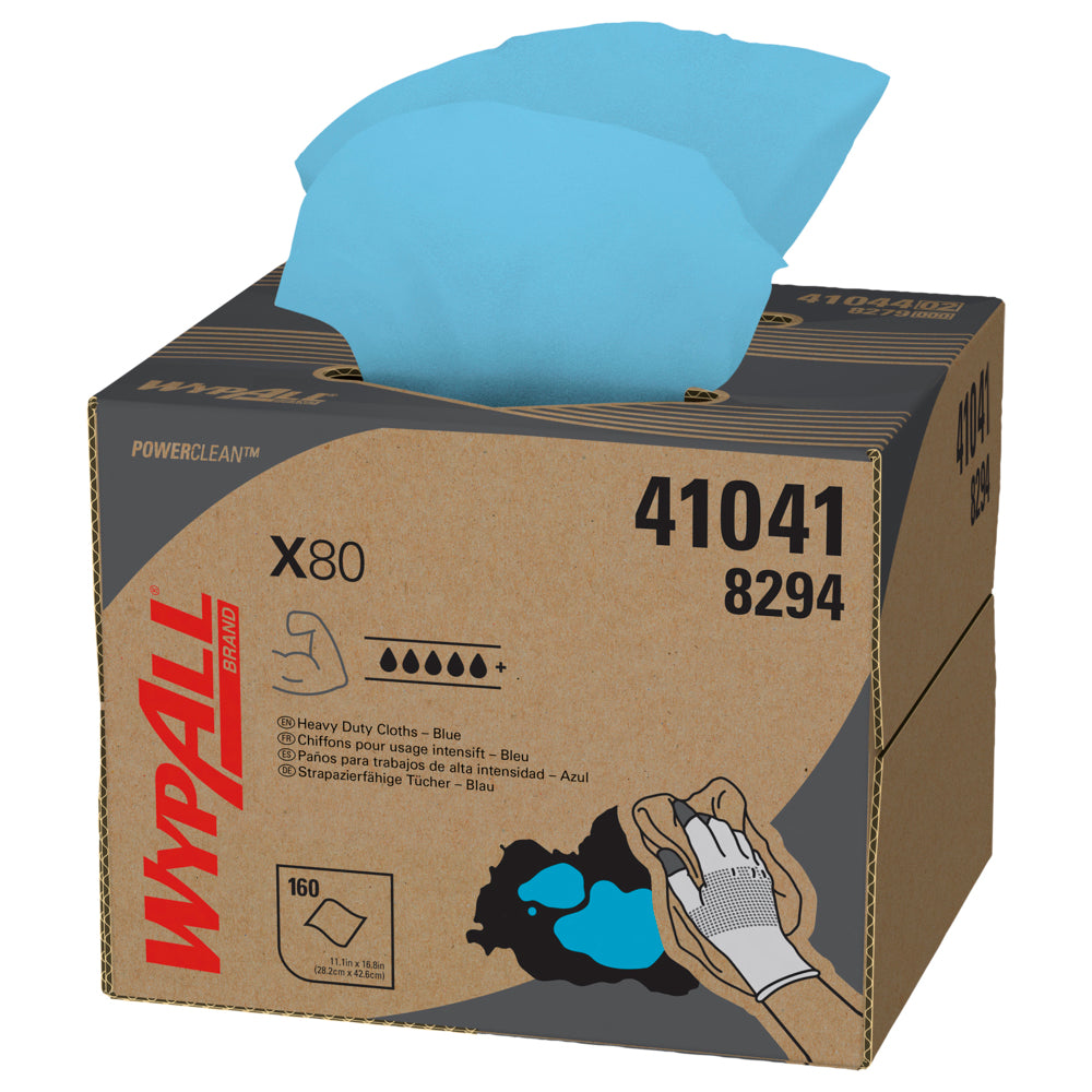 Die WypAll® X80 PowerClean BRAG™ Box von Kimberly-Clark GmbH spendet 160 stahlblaue Industrie-Reinigungstücher durch eine perforierte obere Öffnung, mit Produktangaben und Grafiken auf dem Karton (1 Box).