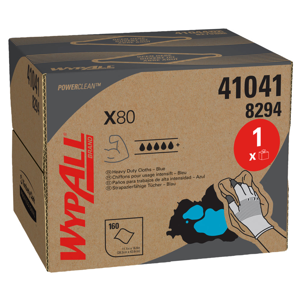 Eine Pappschachtel mit WypAll® X80 PowerClean - BRAG™ Box/Stahlblau von Kimberly-Clark GmbH, mit Produktdetails, Symbolen und einer Illustration einer behandschuhten Hand, die ein blaues Tuch für die industrielle Reinigung benutzt (1 Schachtel x 160 Blatt).