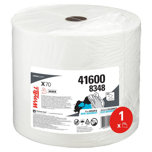 WypAll® X70 PowerClean-storrullen i hvid fra Kimberly-Clark GmbH (1 rulle à 870 ark, varenr. 41600 8348) er pakket i gennemsigtig plast og er ideel til industriel rengøring.