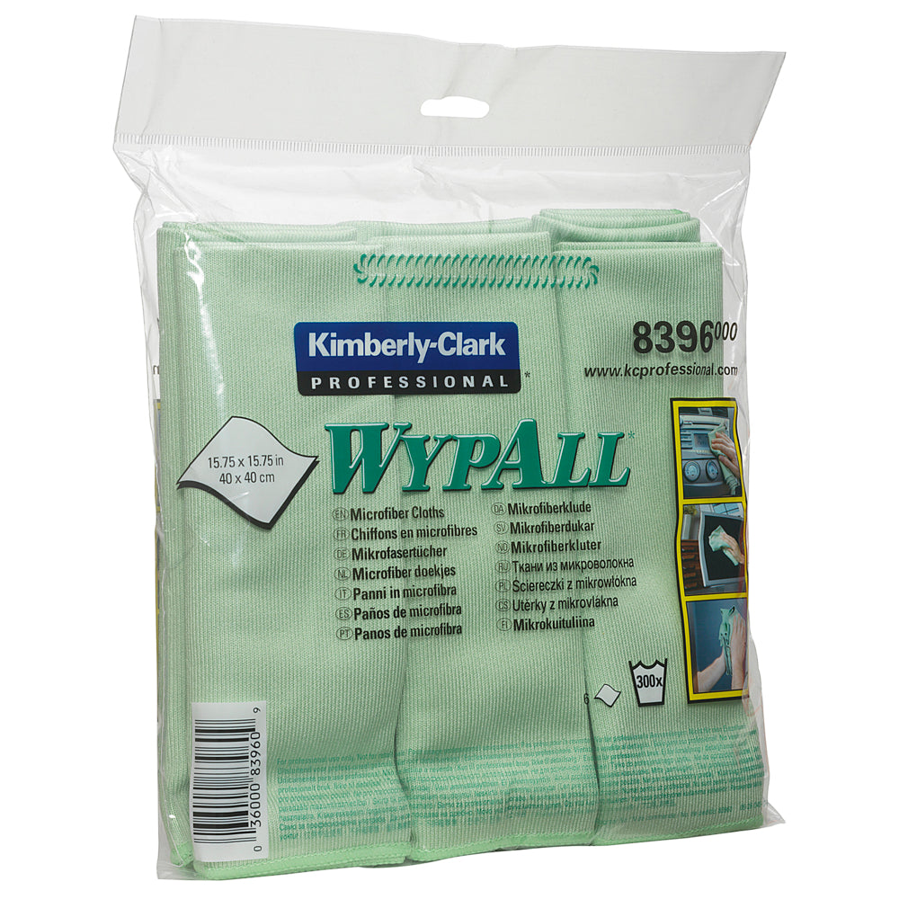 Eine Packung Kimberly-Clark GmbH WypAll® Mikrofasertücher - flaches Tuch (40 x 40 cm) in hellgrün, gefaltet und verpackt in einer durchsichtigen Plastiktüte mit Produktangaben und Reinigungsbildern auf dem Etikett.
