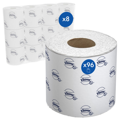 Abgebildet sind acht Packungen Kleenex® Toilettenpapierrollen Kleinrollen der Kimberly-Clark GmbH mit je 12 weißen Kleinrollen (250 Blatt pro Rolle) in Markenverpackung, insgesamt 96 Rollen.