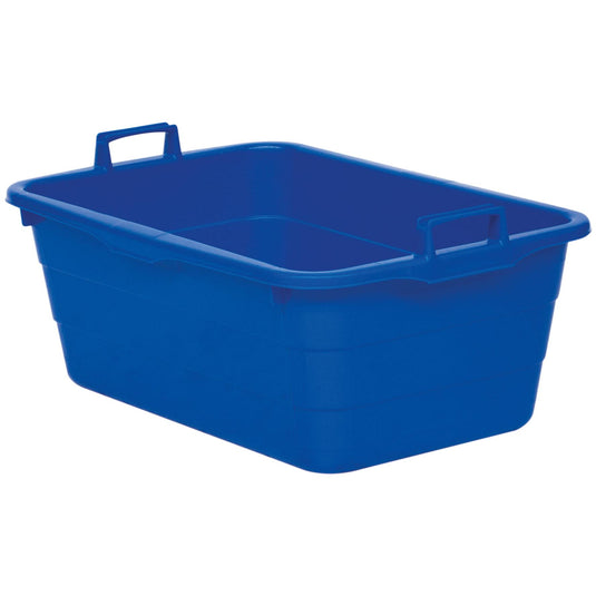 En blå Novocal-plastkasse (90 liter, 750 x 490 x 310 mm) med to håndtag, et på hver af de korte sider. Den robuste opbevaringskasse er tom og afbilledet på en hvid baggrund. Mærke: Novocal.