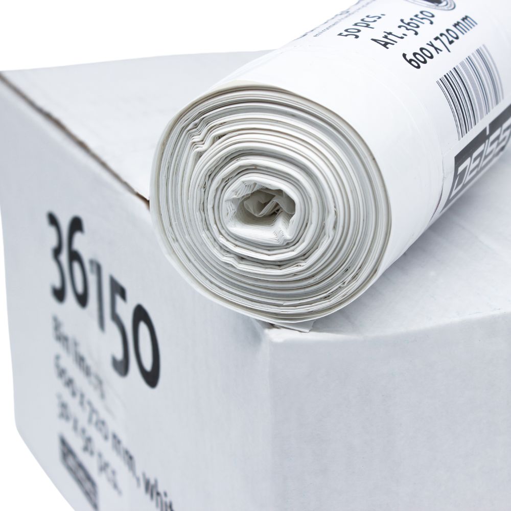 En rulle DEISS LDPE affaldsposer 60 liter, fremstillet af EMIL DEISS KG (GmbH + Co.) for lang holdbarhed, er placeret på en hvid karton. Rullen er tæt oprullet, og på kartonen er "36150" sammen med en stregkode og andre trykte oplysninger, der indikerer en kapacitet på 60 liter, synlige.