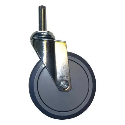 En enkelt Novocal letløbshjul med bolt (Ø 150 mm), ideel til sorteringsreolvogne eller kitlestativer, med metalbøjle og grå gummiyderringe, afbildet på hvid baggrund. Pakke: 1 stk.