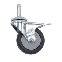 Eine einzelne Novocal Leichtlauflenkrolle mit Bolzen, mit Stopp, Ø 75 mm elektrisch leitfähig, für NW S70/S. Mit Metallbügel, schwarzer Gummilauffläche, grauem Radmittelpunkt und Vorbaugewinde. Abgebildet auf weißem Hintergrund. Packung enthält 1 Stück.