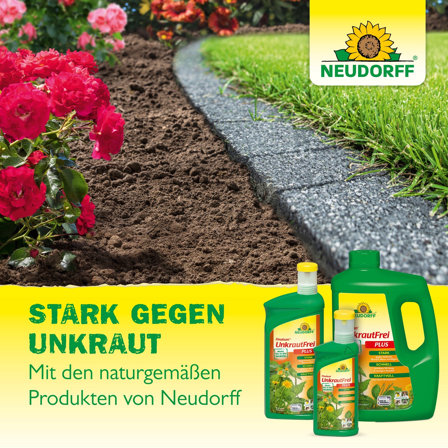 In einem Gartenbeet mit roten Blumen neben einem Rasen und einem Weg wird der BioKraft Grundstoff Essig von Neudorff Shop verwendet. Der deutsche Text wirbt für seine natürliche Unkrautbekämpfungskraft, die ihn ideal für unkrautfreie Terrassen macht.