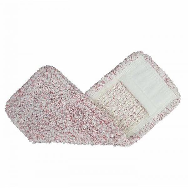 Arcora Medical Red Microfiber Garn Betræk fra Arcora International GmbH er en hygiejnisk, rektangulær moppe med røde og hvide strukturerede fibre og en hvid stofflomme til nem fastgørelse. Den er ideel til medicinsk brug og er afbildet fladt på en hvid baggrund.