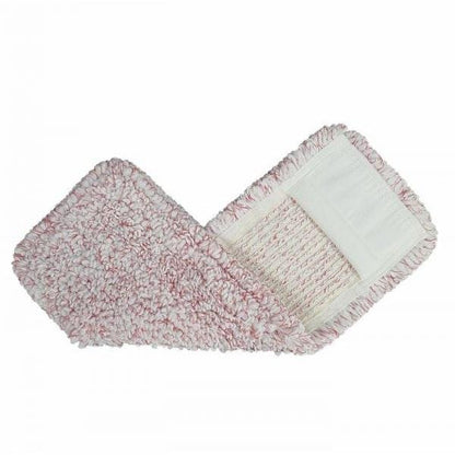 Arcora Medical Red Microfiber Garn Betræk fra Arcora International GmbH er en hygiejnisk, rektangulær moppe med røde og hvide strukturerede fibre og en hvid stofflomme til nem fastgørelse. Den er ideel til medicinsk brug og er afbildet fladt på en hvid baggrund.