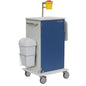 En Novocal medicinvogn fra Novocal med blå døre, hvidt tag, metalhåndtag, chassis af fuldplastplade, står på 4 hjul og har en hvid sideaffaldsspand og en gul beholder til skarpe genstande ovenover.