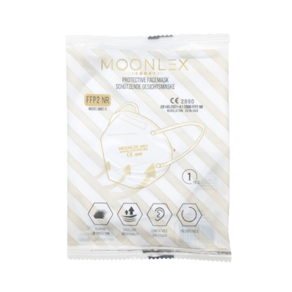 Eine versiegelte weiße Verpackung mit diagonalen Goldstreifen enthält Altruan MOONLEX FFP2 Maske, 5-lagig, CE2890 zertifiziert, jede einzeln verpackt für Komfort und Schutz.