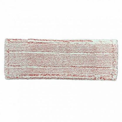 Das Arcora Excellent Red-White Db-Fc Mopp Mit Farbcodierung Und Deckblatt von Arcora International GmbH ist ein rechteckiges Mikrofaserpad mit weißen und roten Streifen, strukturierter Oberfläche, bearbeiteten Kanten und Farbcodierung zur einfachen Identifizierung von Reinigungsaufgaben. Abgebildet auf weißem Hintergrund.