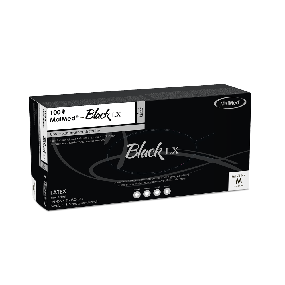MaiMed-Black LX PF engangs latex undersøgelseshandsker, pudderfri, 100 stk./æske