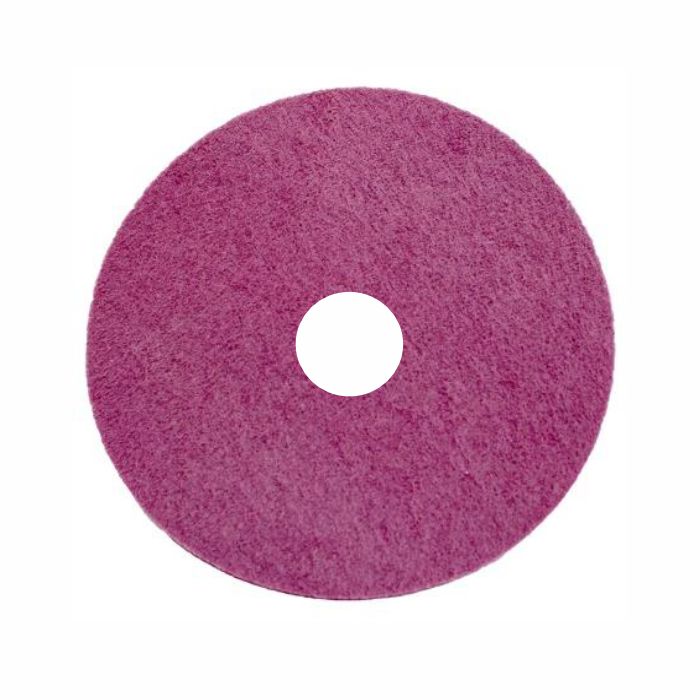 Arcora Maroon Heavy Duty Stripper-Pad fra Arcora International GmbH er en rund, flad, lyserød pad med midterhul til kemikaliefri, våd eller tør rengøring af gulve og pleje af plejeoverflader. Afbildet på hvid baggrund.