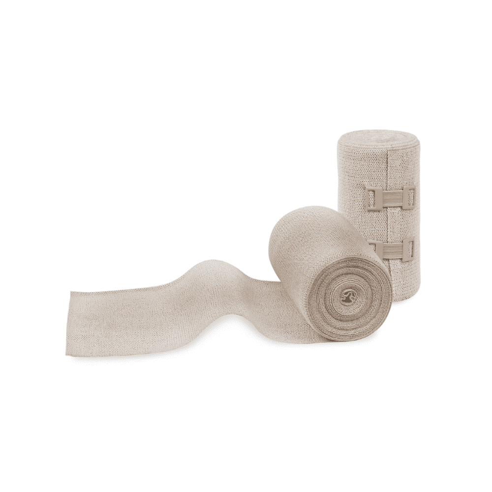 To Meditrade ABE® Ekstra kompressionsbind, en delvist udrullet, på hvid baggrund. Begge har synlige velcrolukninger.