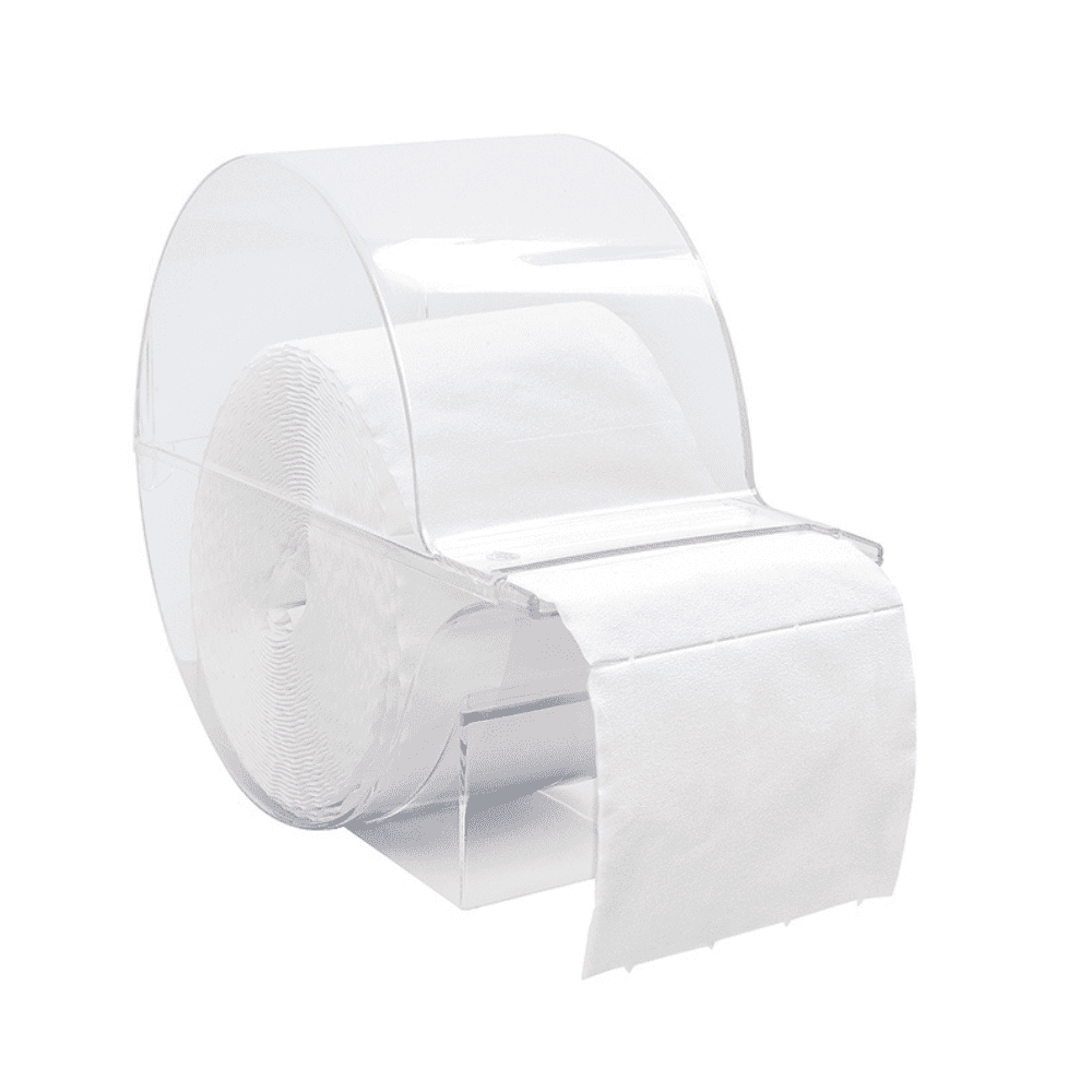 Eine Meditrade Zellstofftupfer-Box der Meditrade GmbH enthält eine Packung (1 Stück), wobei etwas Produkt sichtbar ist und teilweise aus dem transparenten Spender herausragt.