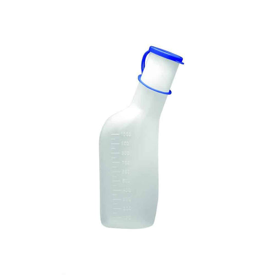 Urinflasken til mænd fra Meditrade GmbH er en gennemsigtig plastflaske med blå prop og ergonomisk bærehåndtag. Den har en rumfang på 1000 ml, målemarkeringer på den ene side og er nem at håndtere. Holderen til urinflasken kan købes separat.