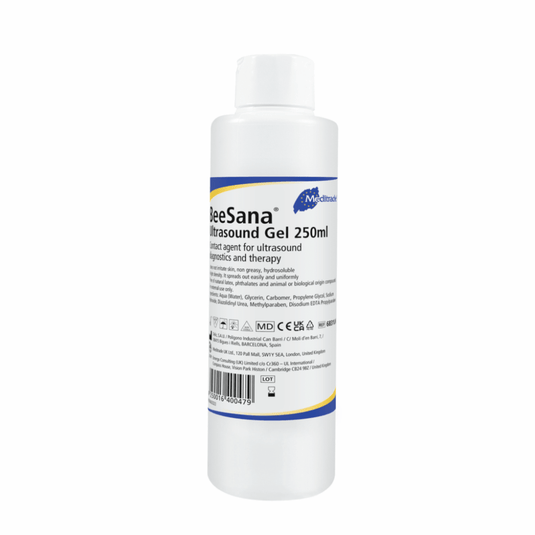 En flaske Meditrade BeeSana® ultralydsgel, 250 ml, mærket som glidemiddel til ultralydsundersøgelser. Etiketten indeholder produktoplysninger og symboler, der sikrer overholdelse af lovgivningen.