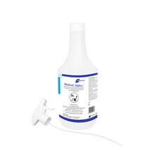 Eine Flasche „Meditrade Medizid® Alpha+ Flächendesinfektion“ mit weißem Etikett, auf dem Produktdetails und ein Barcode zu sehen sind. Auf der Flasche liegt ein Verschluss und eine zusätzliche Sprühdüse.