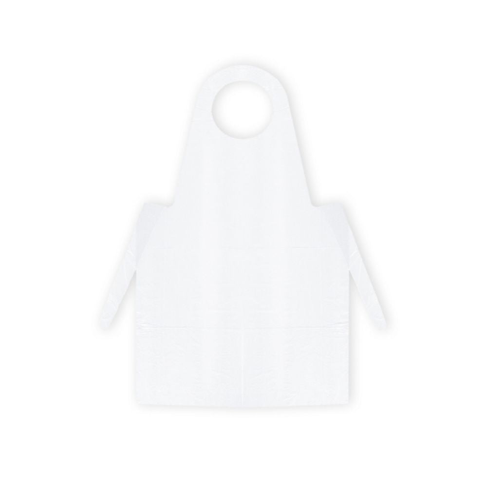 På en grå baggrund er et blåt Meditrade PE-engangsforklæde fra Meditrade GmbH afbildet. Det har en cirkulær halsudskæring og lange sidebånd til at binde i taljen og opfylder dermed væsentlige hygiejnekrav.