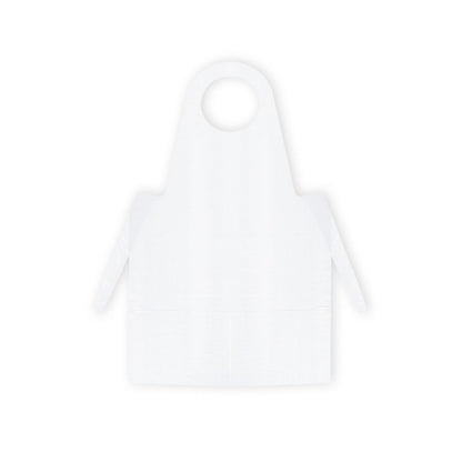 På en grå baggrund er et blåt Meditrade PE-engangsforklæde fra Meditrade GmbH afbildet. Det har en cirkulær halsudskæring og lange sidebånd til at binde i taljen og opfylder dermed væsentlige hygiejnekrav.