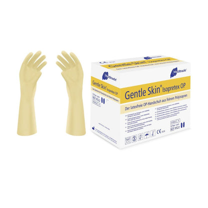 To beige Meditrade Gentle Skin® Isopretex® OP-handske steril pudderfri er udstillet ved siden af en æske. Æsken er mærket på engelsk og tysk og fremhæver handskernes sterile og pudderfri egenskaber. Symboler fremhæver den latexfri sammensætning og overholdelse af sikkerhedsstandarder.