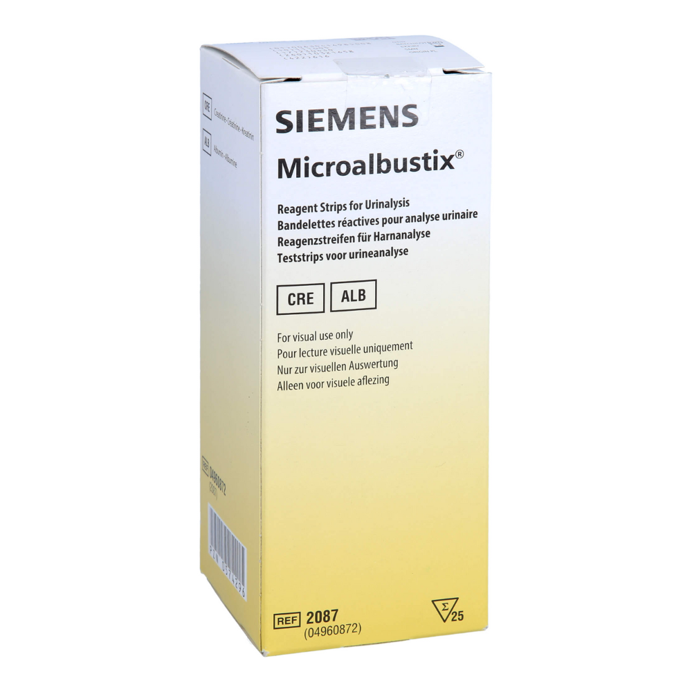 Den hvid-gule Servoprax Microalbustix urinprøvestrimmel-boks (25 stykker) er forsynet med flersproget tekst, fremhæver CRE- og ALB-tests til mikroalbuminuri-screening og evalueres visuelt til urinanalyse.