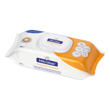 Eine Packung Mikrobac® Virucidal Tissues von Paul Hartmann AG in einer orange-weißen Verpackung mit einer transparenten Öffnung, durch die 80 antibakterielle Tücher sichtbar sind, gekennzeichnet als alkoholfreie Desinfektionstücher für alkoholemp.