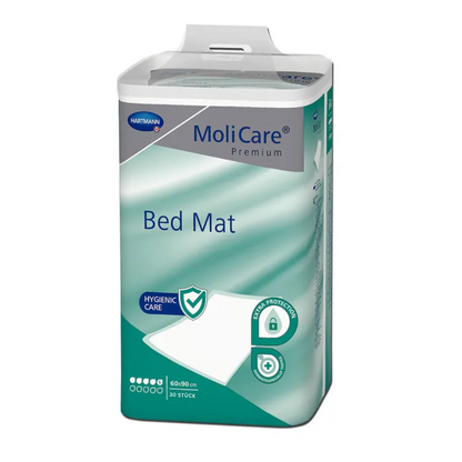 En pakke MoliCare® Premium Bed Mat sengebeskyttelsesunderlag 5 dråber fra Paul Hartmann AG med oplysninger om hygiejne og beskyttelse, indhold 30 stykker, afbildet på hvid baggrund.