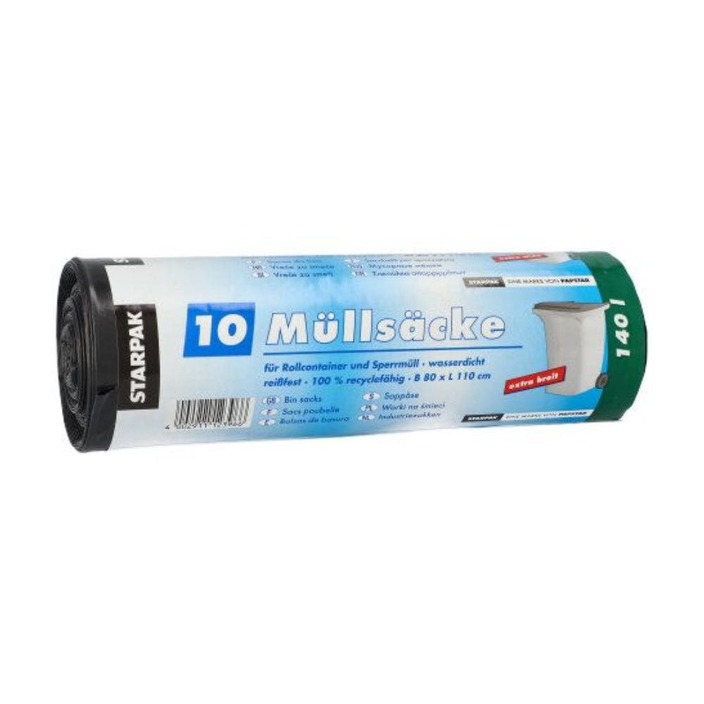 Eine Rolle Starpak 10 Müllsäcke, LDPE-schwarz 140L Müllsäcke (80 x 110 cm) mit deutschem Text auf dem blauen, grünen und weißen Etikett; jede Rolle enthält 10 Säcke.