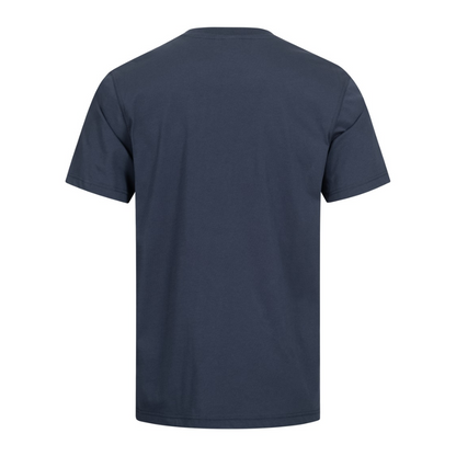 Das AS Arbeitsschutz GmbH NITRAS MOTION TEX LIGHT T-Shirt in Dunkelblau aus OEKO-TEX zertifizierter Baumwolle ist auf weißem Hintergrund abgebildet. Die Rückansicht unterstreicht sein minimalistisches Design mit kurzen Ärmeln und rundem Ausschnitt.