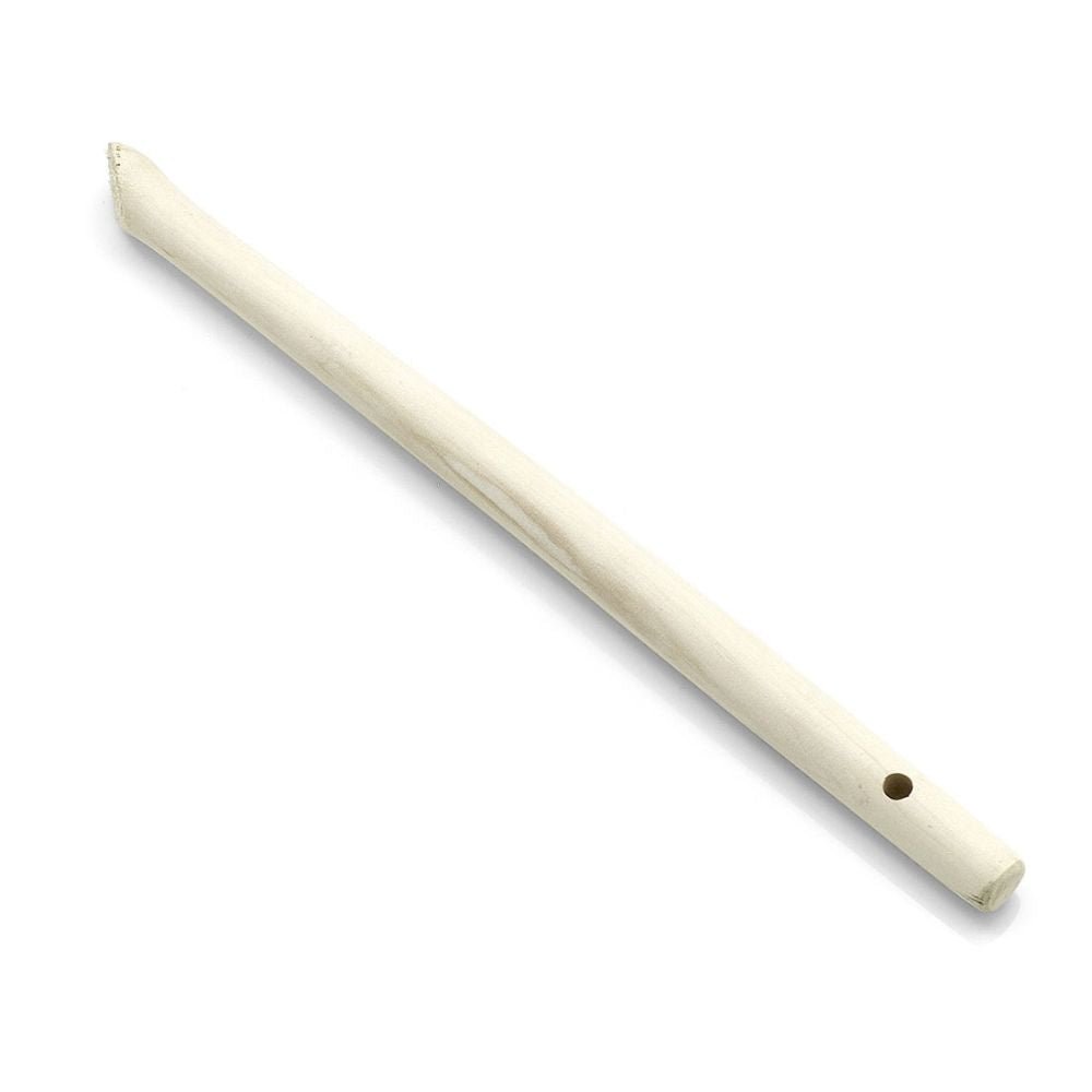 Den hvide plastikkazoo har ligesom Nölle Profi Brush-vinkelpenselstangen en smal, aflang form. Den har et rundt mundstykke i den ene ende og en åben ende med et lille hul på siden.
