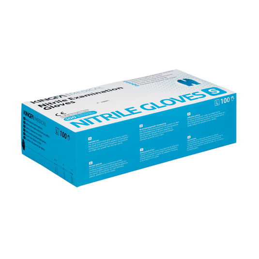 En æske med nitril-undersøgelseshandsker fra Kingfa i cyan-hvid emballage, fremstillet af 100 % syntetisk nitril og uden latex. Pakken indeholder 100 stk. Der er en tekst, der fremhæver produktets egenskaber.