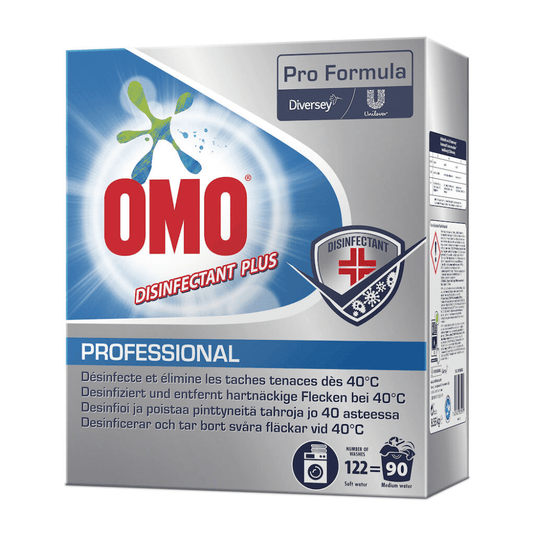 Udstillet er en pakke Omo Professional Disinfectant Plus, desinfektionsvaskemiddel (8550 g) fra Diversey Deutschland GmbH & Co. OHG. Emballagen fremhæver produktets effektivitet til fjernelse af genstridige pletter ved 40 °C og indeholder logoerne fra Unilever og Diversey samt brugsanvisninger.