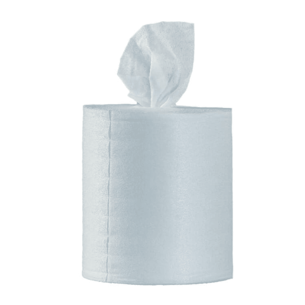 En rulle Optimum11 BestWipes fugtige desinfektionsservietter med et enkelt, delvist fra toppen afrullet ark ligger elegant foran en enkel, hvid baggrund. Den fejlfri hvide farve understreger renheden og gør dem til det ideelle valg til at opretholde hygiejne.