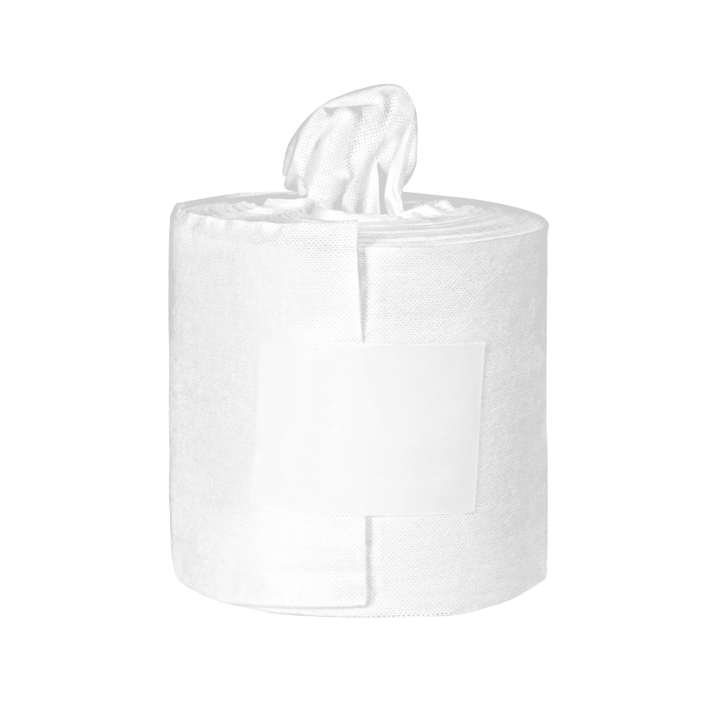 En rulle Orochemie oro® non-woven klude standard refillpakke fra orochemie GmbH + Co KG, med et enkelt ark, der tages fra midten, isoleret på hvid baggrund.